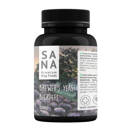 Sörélesztő kutyáknak – SANADOG Brewer's Yeast 200g - B-vitaminokkal, biotinnal és ásványi anyagokkal a bőr és szőr egészségéért.